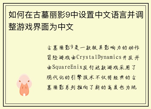 如何在古墓丽影9中设置中文语言并调整游戏界面为中文